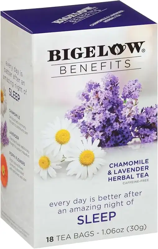 Purple and white Bigelow sleep tea box with a lavender spray