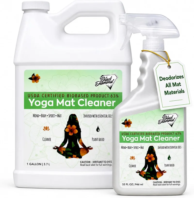 The Black Diamond yoga mat cleaner gallon jug with spray bottle attachment.
