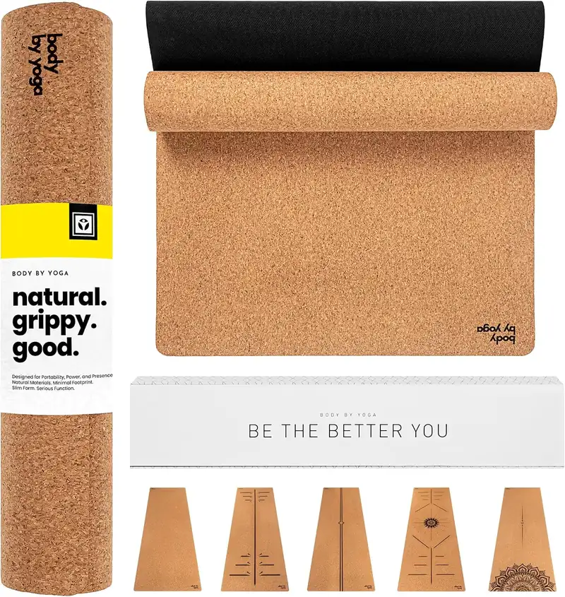 The Body By Yoga luxury cork yoga mat main listing image with its rolled mat and rubber base displayed.