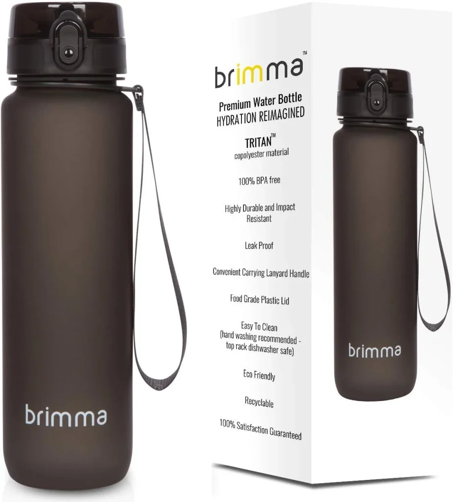 The Brimma sports water bottle in smoke black sits beside its branded box in the product image.