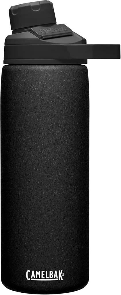 The CamelBak Chute Mag insulated water bottle in black features its magnetic cap handle in the product image.