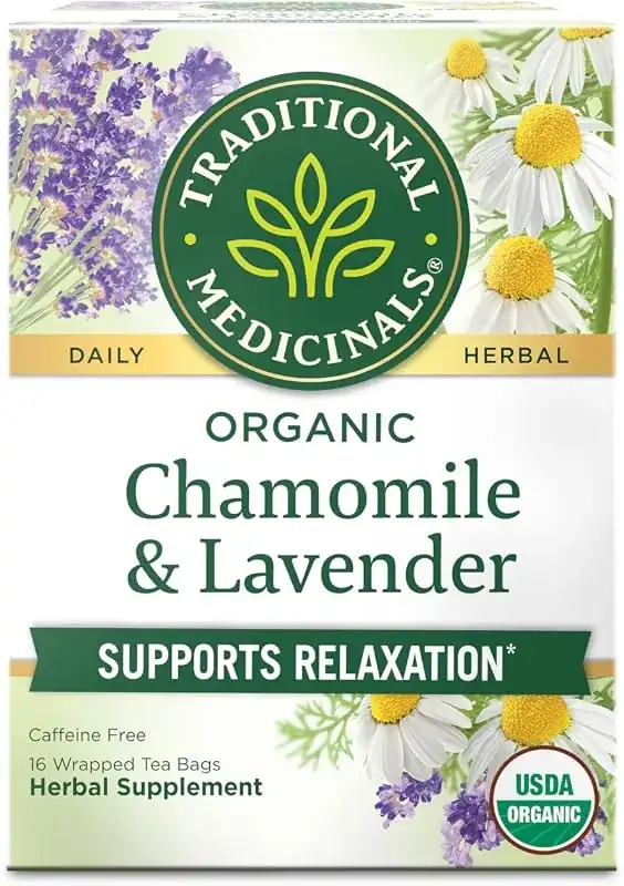 White Traditional Medicinals box printed with chamomile flowers and lavender