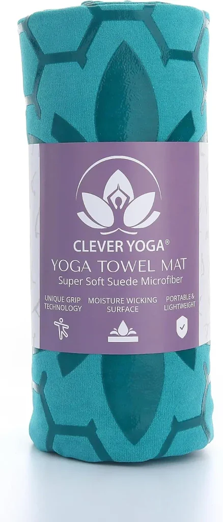 The Clever Yoga hot yoga mat towel rolled in turquoise with its brand band.