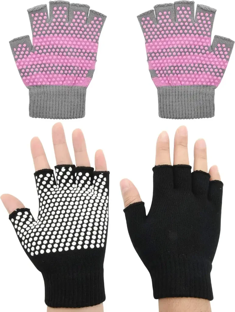 The Cosmos two pair non slip yoga gloves in pink and black display their grip patterns in the main listing image.