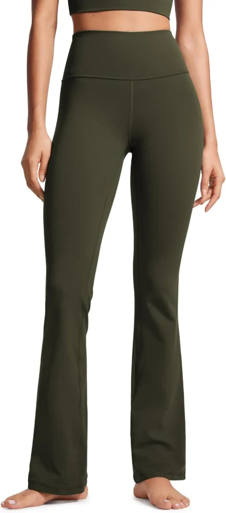 The CRZ Yoga Butterluxe flare leggings in olive green stretch into a full-length flare in the product image.