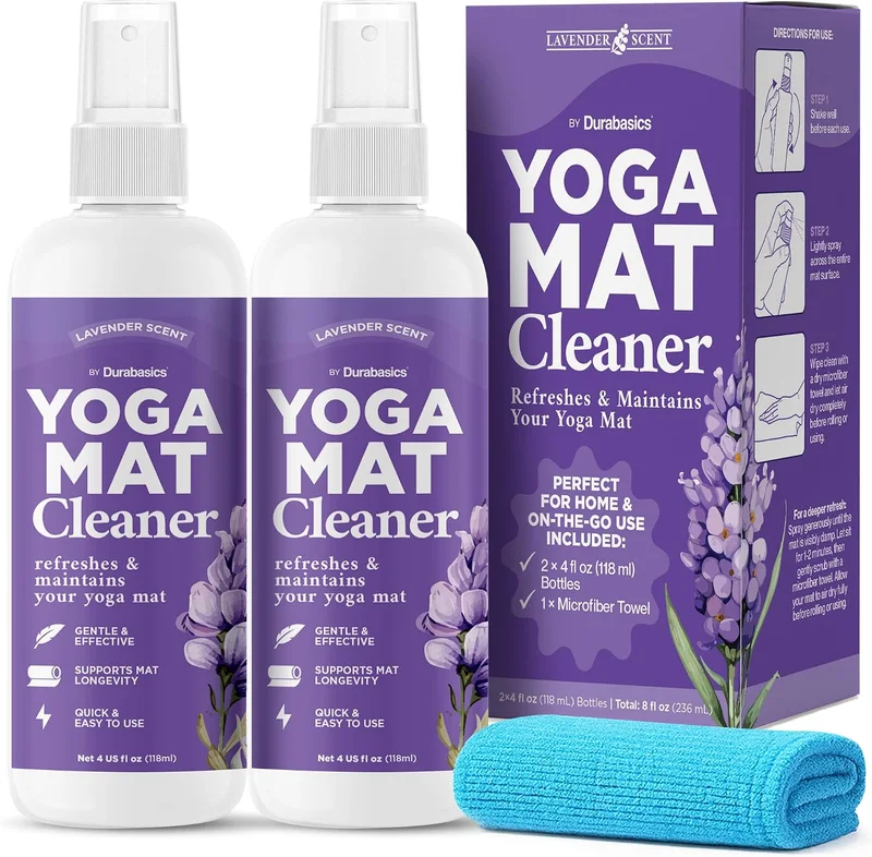 The Durabasics yoga mat cleaner two pack in lavender with microfiber towel.