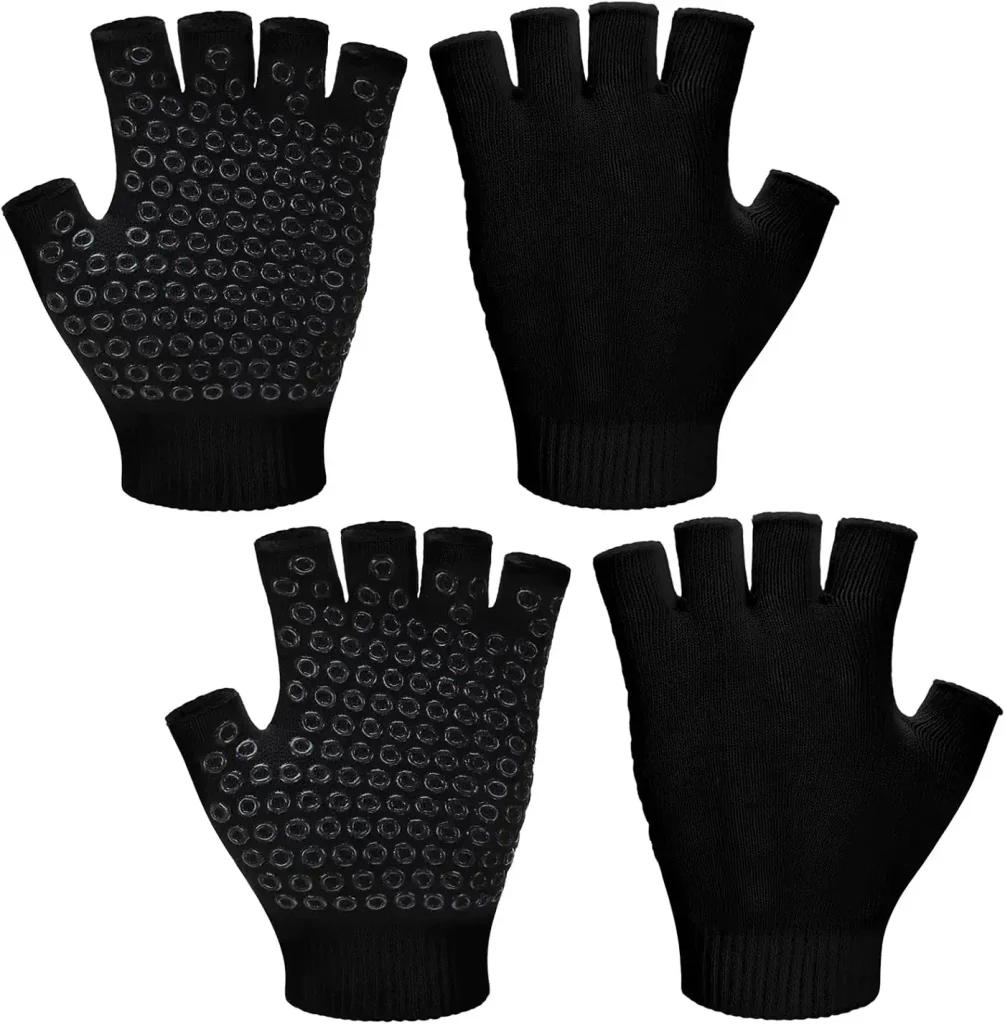 The Eurzom yoga and pilates gloves two pair set shows its silicone dotted palms in the main listing image.