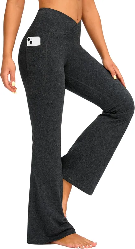 charcoal crossover waist flare yoga pants with side pockets barefoot