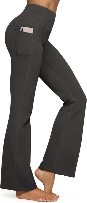 grey flared yoga pants with a phone in the side pocket