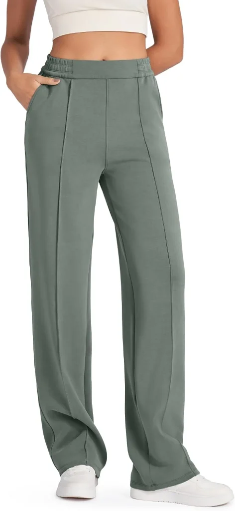 The G4Free Smoofit wide leg pants in grey sage show their pull-on elastic waist in the product image.