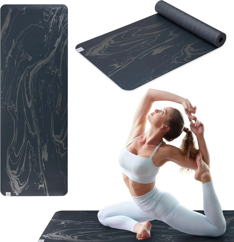 The Gaiam Dry-Grip yoga mat main listing image showing its marbled surface with a yogi posing beside it.