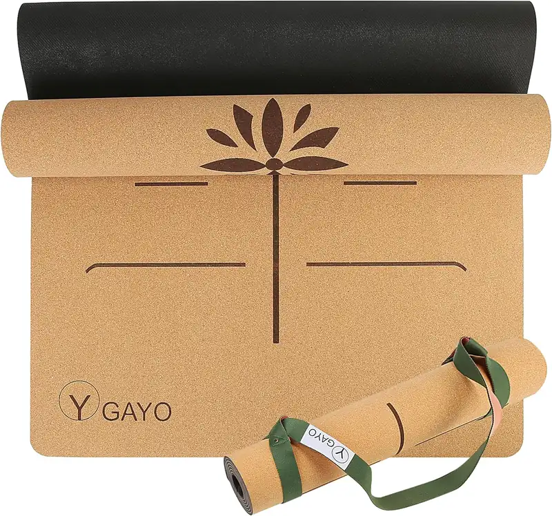 The Y O Gayo premium cork yoga mat with lotus alignment marker and strap in its main listing image.