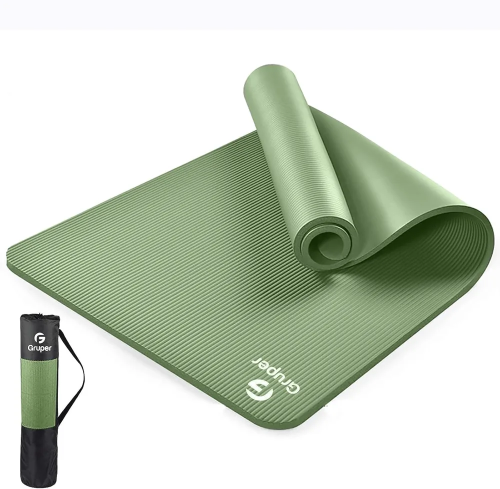 Gruper non slip NBR yoga mat in sage green with its ten millimeter thickness and carry bag.