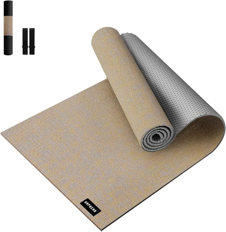 Extra-large linen textured HAPBEAR mat shown unrolled with its carry bag.