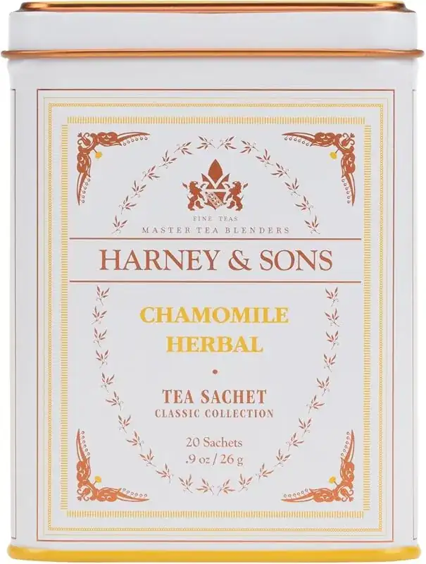 Cream colored decorative Harney and Sons tin with a peach label