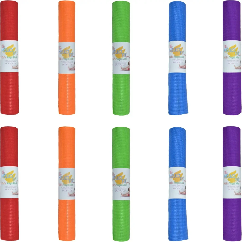 Ten rolled kids yoga mats in bright rainbow colors for classrooms.