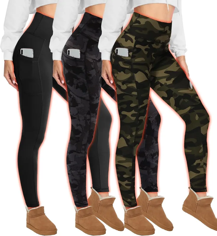 three models showing off black, printed and camo fleece lined pairs