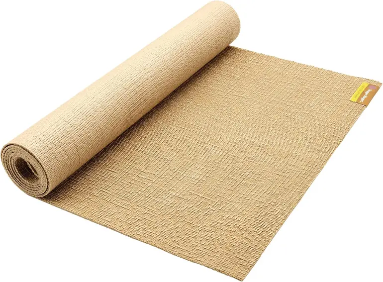 Natural jute Hugger Mugger Sattva mat laid flat with fine textured weave.