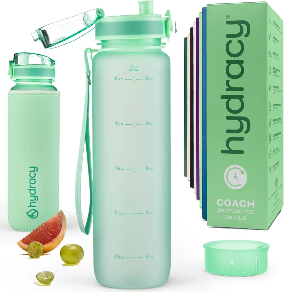 The Hydracy motivational water bottle in aqua green displays its time markers and fruit infuser set in the product image.