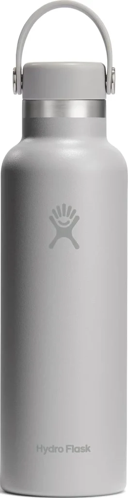 The Hydro Flask standard mouth water bottle in Birch Gray stands ready with its flex cap handle in the product image.