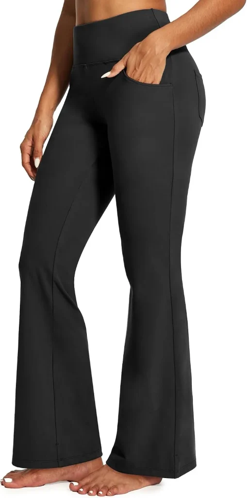 The IUGA bootcut flare yoga pants in black show their side pockets and high waist in the product image.
