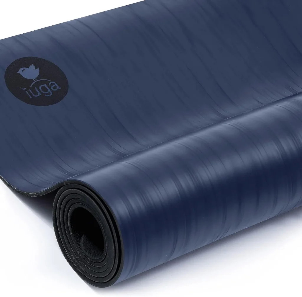 The IUGA Pro yoga mat in dark navy half rolled as its main Amazon listing image.