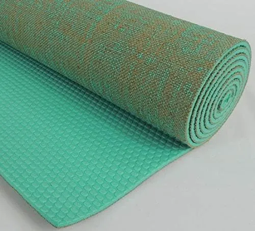 Aqua green Kakaos yoga mat with a textured natural jute fiber surface.