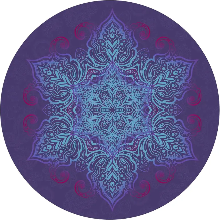 Dark purple round mat with intricate pink-accented mythological totem mandala pattern.