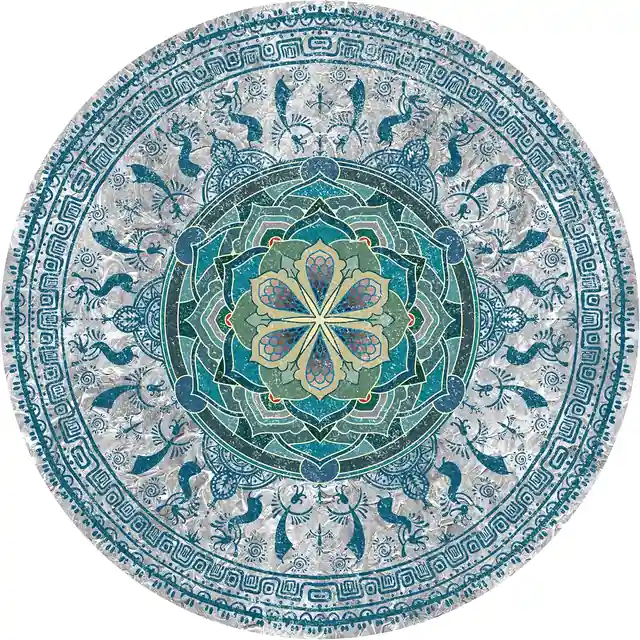 Teal blue blossom round mat with layered mandala print and soft suede face.