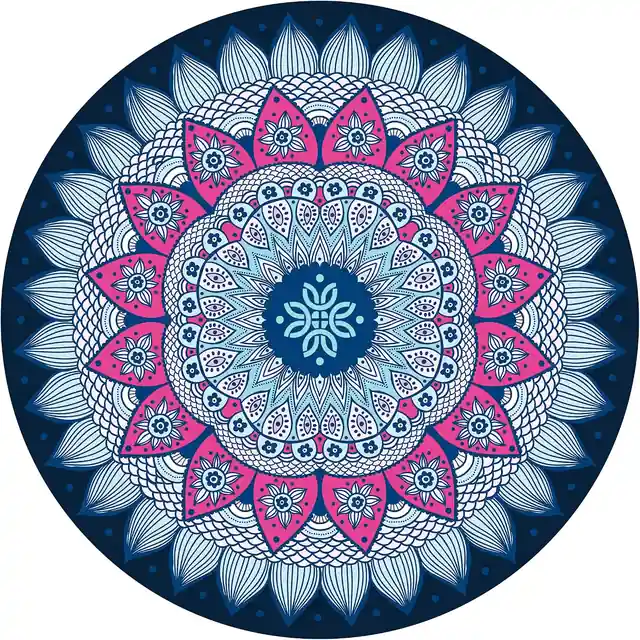 Navy round mat with pink and white mandala flower pattern across surface.