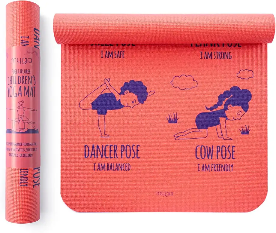Pink kids play mat printed with ten numbered yoga pose illustrations.