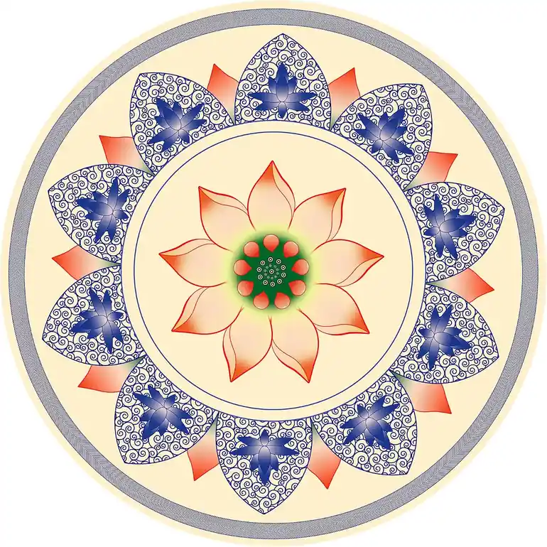 Ivory round mat with coral and blue lotus mandala across its face. Best Round Yoga Mats: 7 Spacious Options for Free Movement and Creative Flows