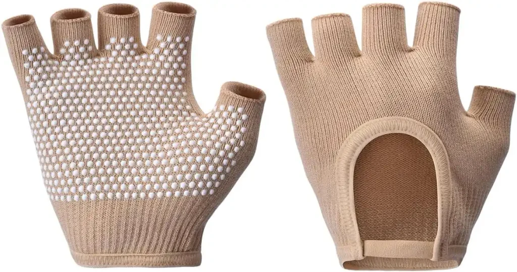 The oasymala non slip fingerless yoga gloves in beige show both palms in the main listing image.