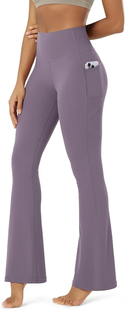The ODODOS high waist flare leggings in ash violet include a deep side pocket in the product image.