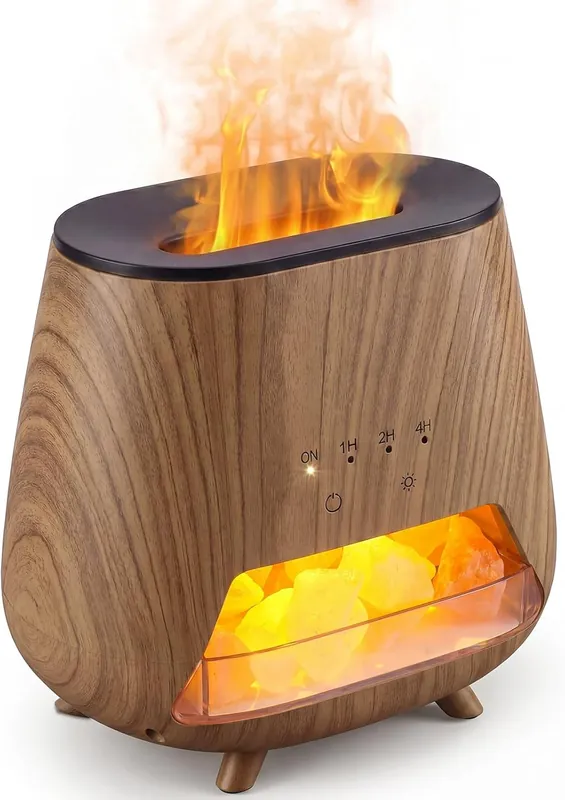 wood grain flameless salt lamp diffuser with mist and glowing crystal window