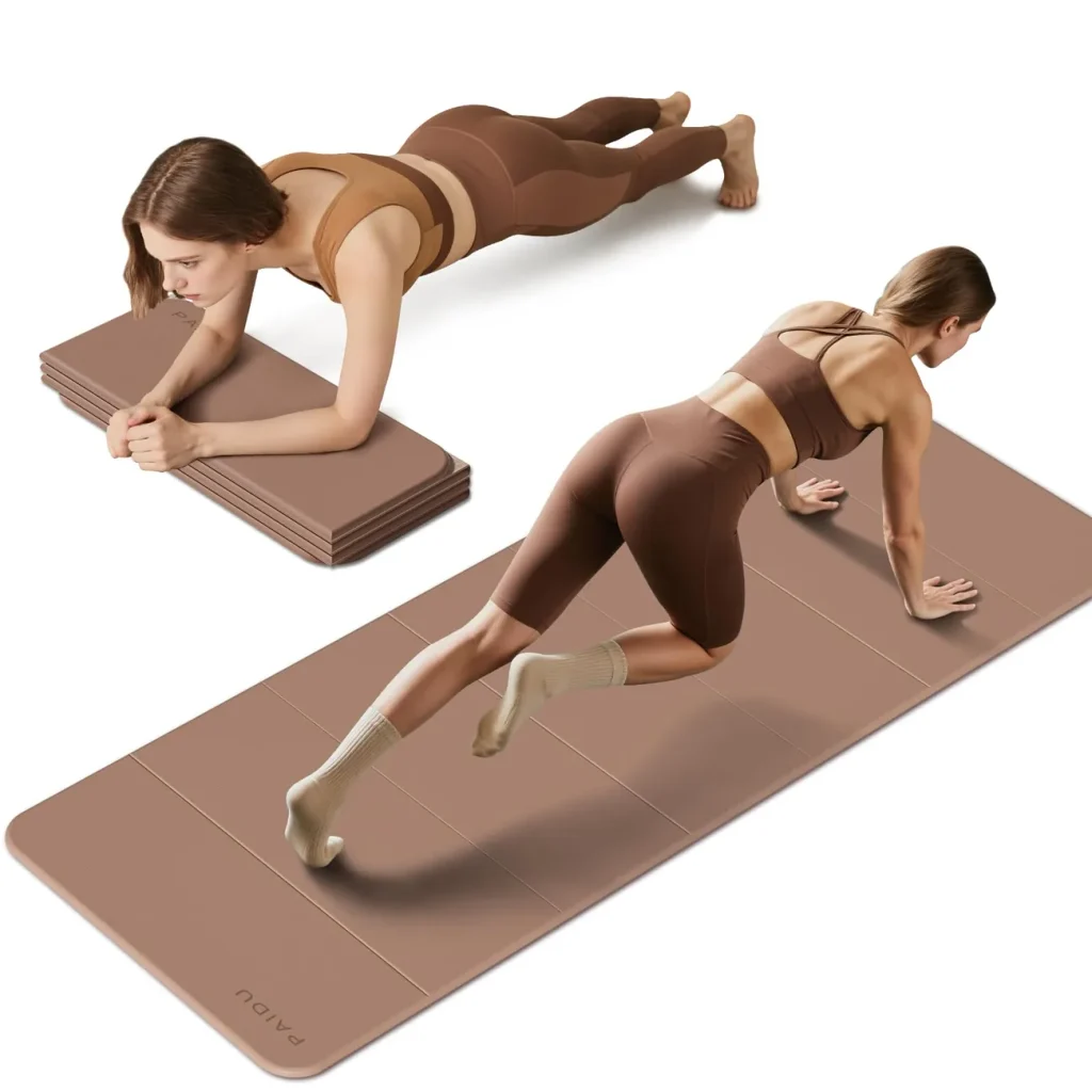 Two low poses on the tan PAIDU foldable mat show its generous ten millimeter padding.