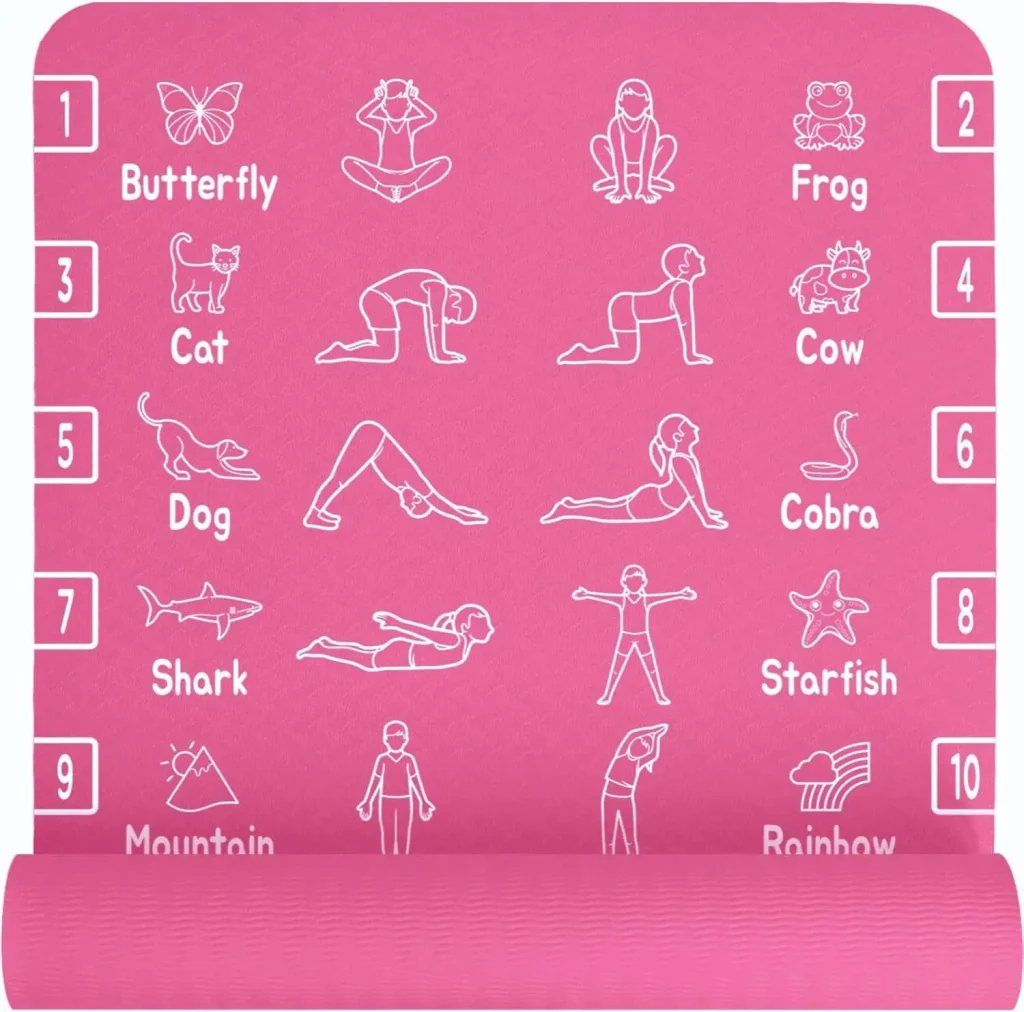 Flamingo pink kids yoga mat with pose guide print and carry strap.