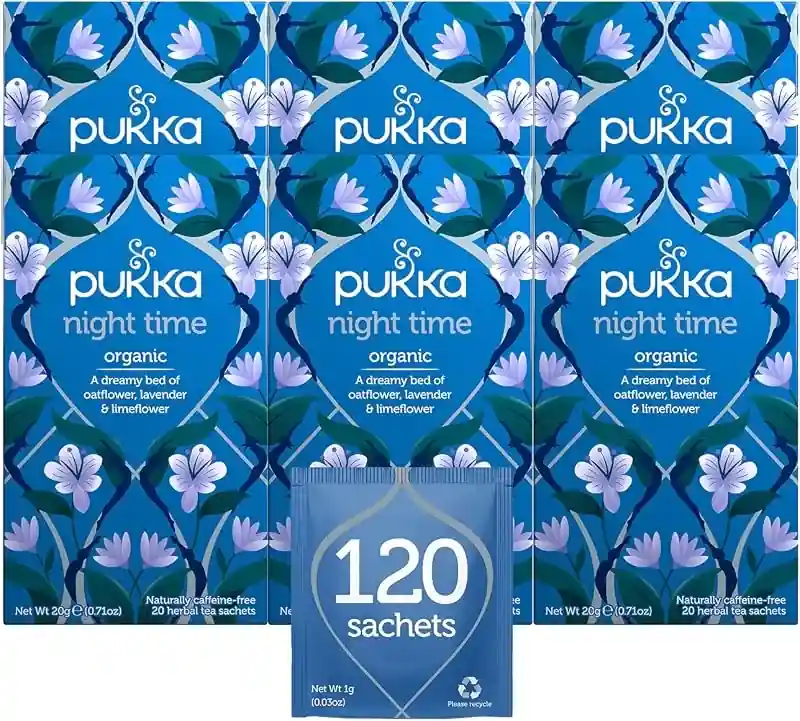 Blue floral Pukka night time pack with a 120 sachets badge