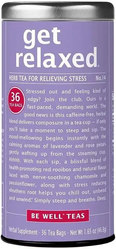 Purple metal get relaxed tin with a silver lid and badge