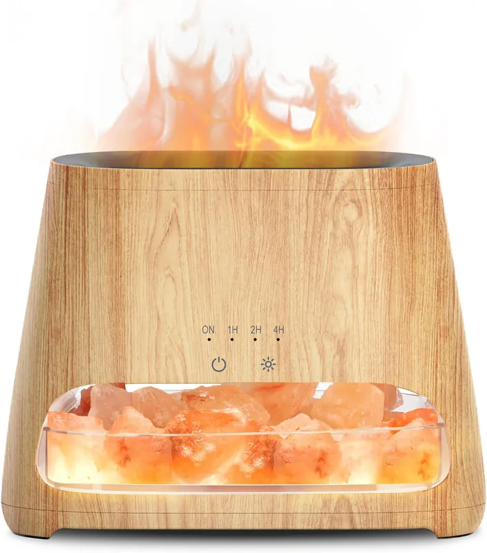 light wood grain salt lamp diffuser with flame light and crystal window