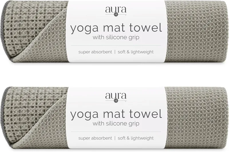 The S&T INC. Aura microfiber yoga mat towel two pack in grey with silicone grip.