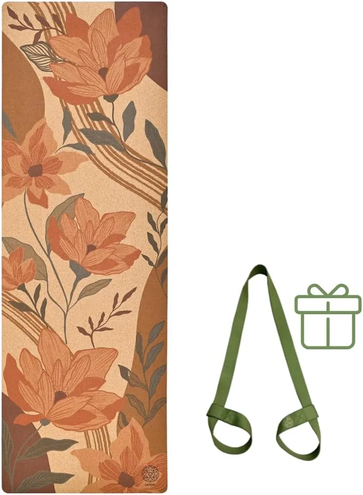 The Satori Concept flower print cork yoga mat with its carry strap as shown in its main listing image.