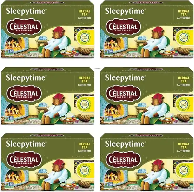 Six green boxes each holding twenty caffeine free Sleepytime tea bags