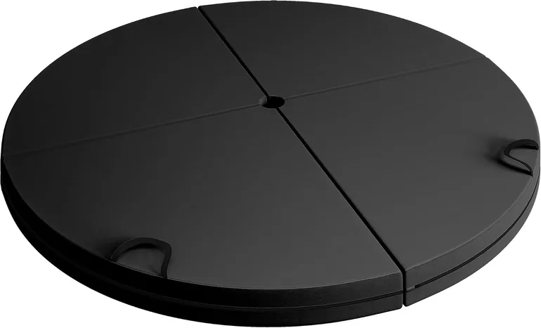 Black foldable round foam mat quartered with handle cutouts and center hole.
