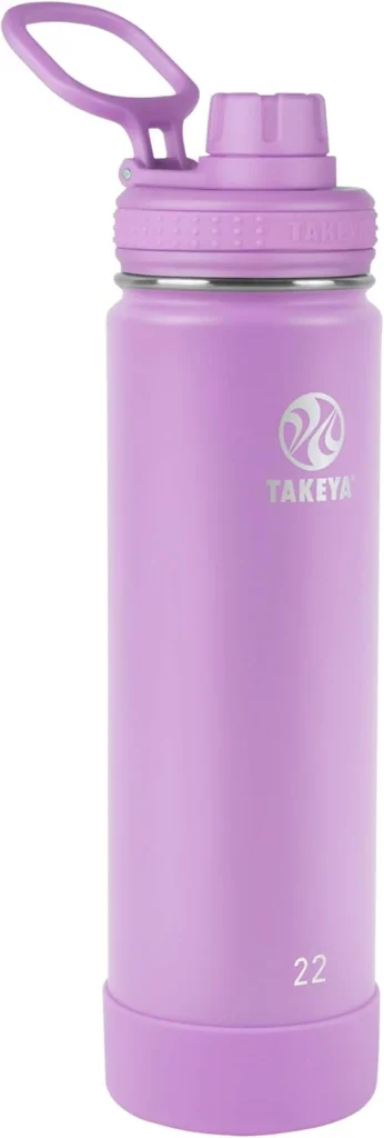 The Takeya Actives insulated water bottle in lilac stands with its spout lid handle raised in the product image.