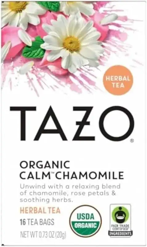 White Tazo calm chamomile box with a large daisy and petals