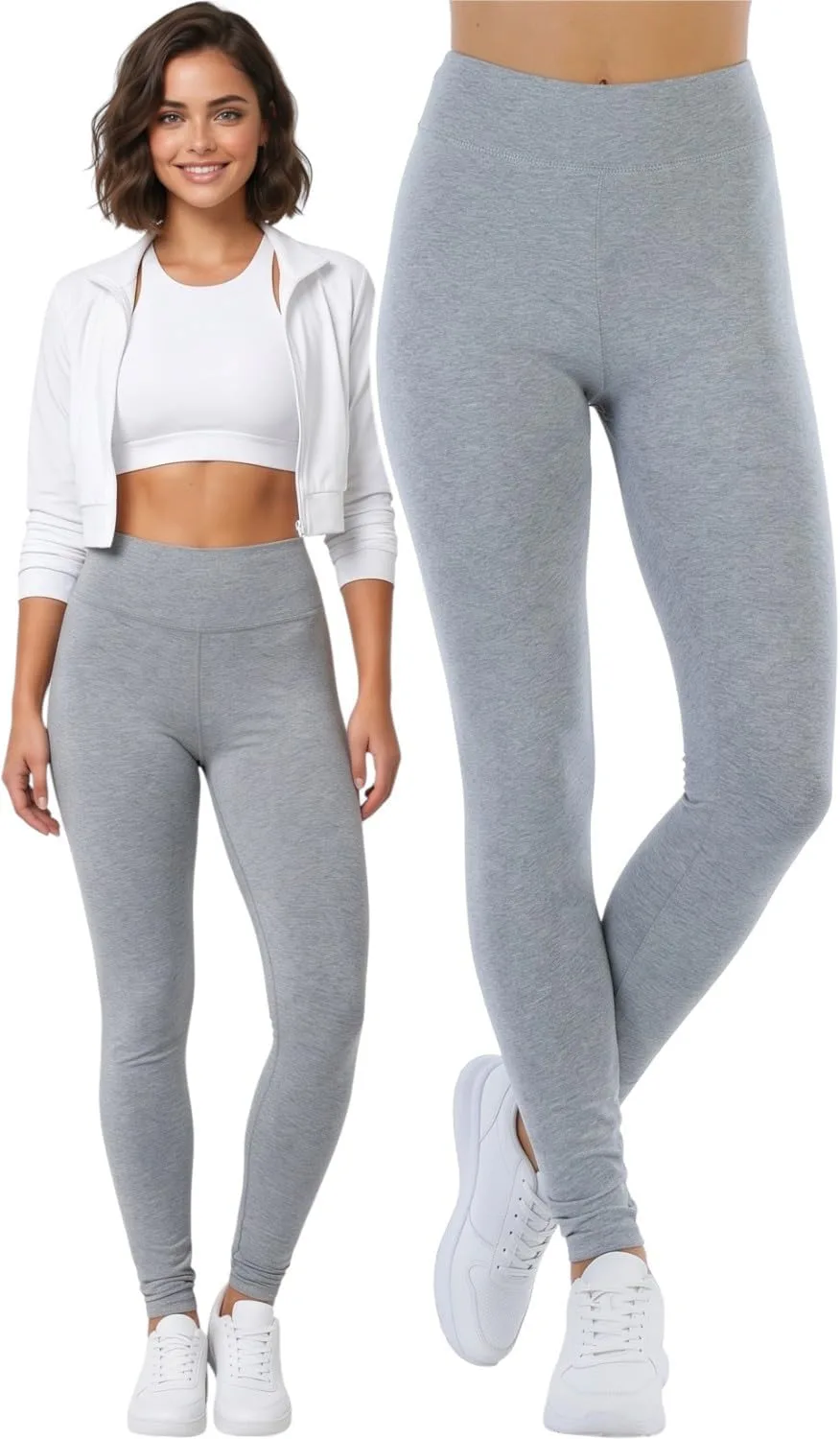 ToBeInStyle high waisted cotton active leggings in grey worn by two models.