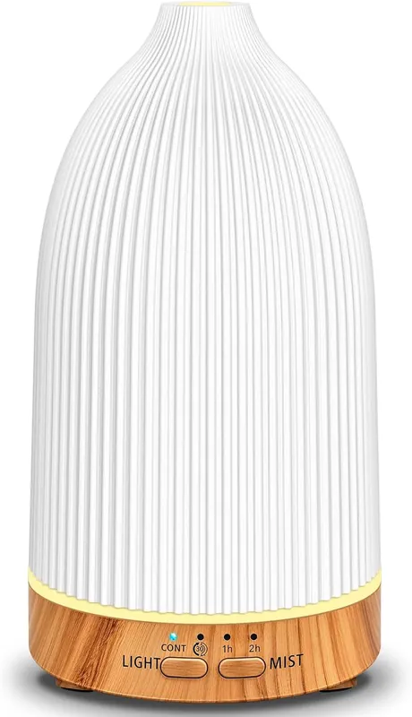 ribbed white aroma diffuser with wooden base and touch controls