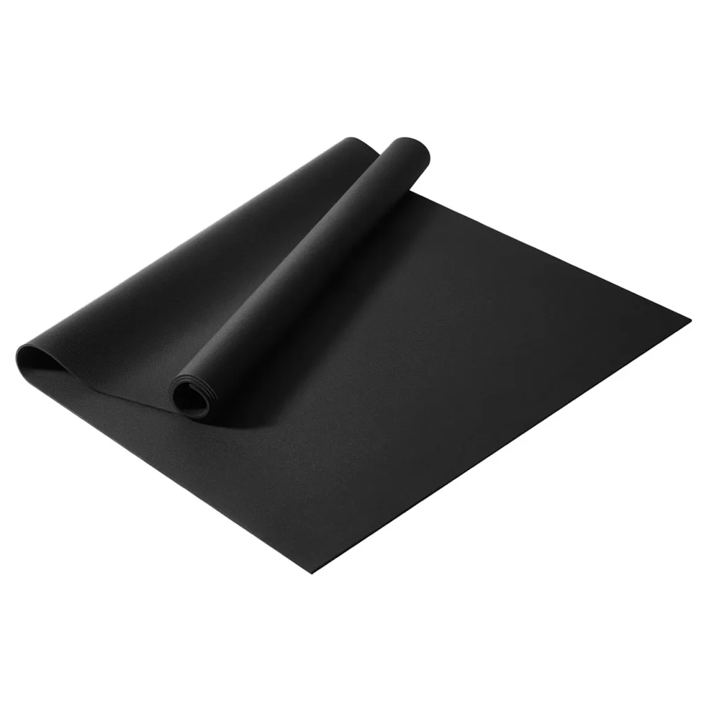 The VEVOR large exercise mat in black lies partially rolled showing its textured workout surface.