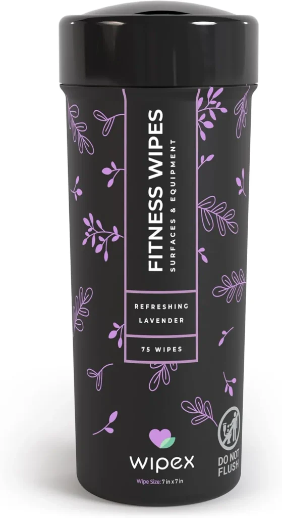 The Wipex yoga mat cleaner canister with lavender fitness wipes.